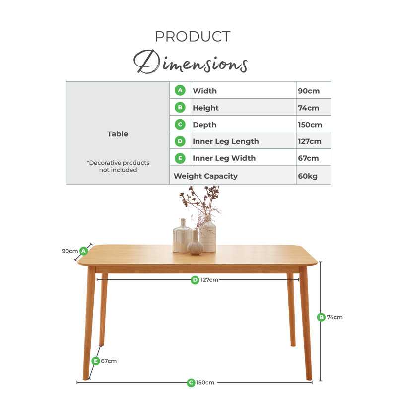 Drea Solid Wood Dining Table - Traditional Rustic Farmhouse Kitchen Style, 74cm H x 150cm W x 90cm D, Oak