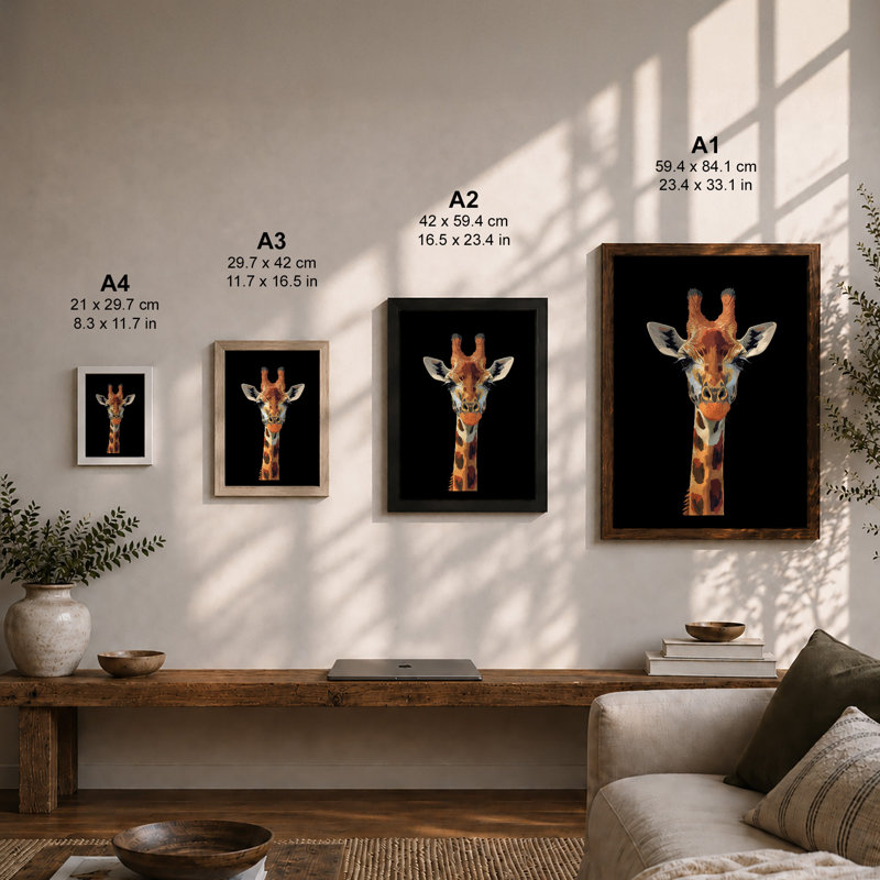 Giraffe Portrait Modern - Framed Print, Black, A4 - 29.7 x 21.0 cm