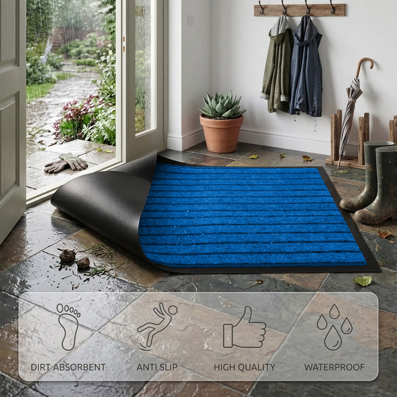 NON-SLIP RUBBER DOOR MAT - INDOOR/OUTDOOR USE, Blue, 50cm W x 80cm L