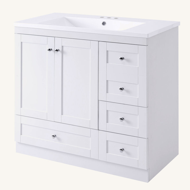 Armoire de salle de bain sur pieds 36 po avec lavabo, 4 tiroirs à fermeture en douceur et 2 portes à fermeture en douceur Shaker