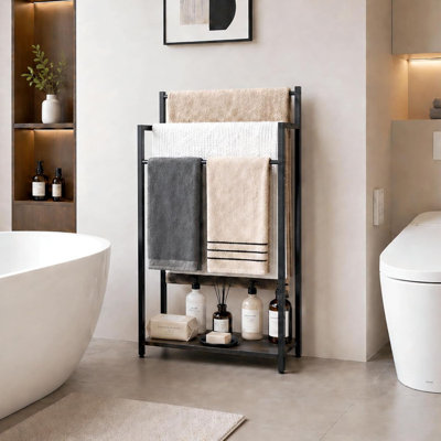  Porte-échelle sur 3 niveaux, porte-serviettes sur pied avec tablette en bois noir pour salle de bain (H 31,5 po x l 16,9 po x P 7,9 po)