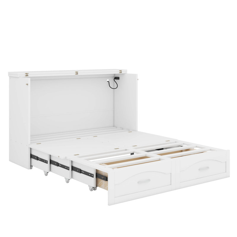 Queen Murphy Bed With Built-In Drawer And USB Ports, White