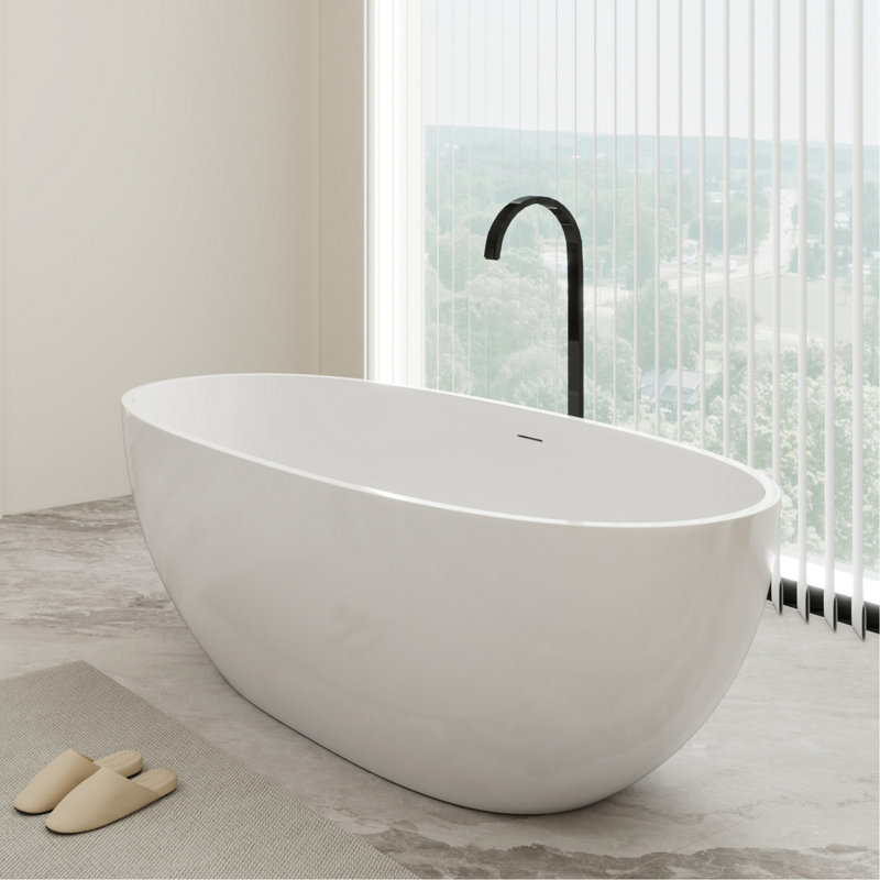 Baignoire de trempage autoportante ovale 67 po x 31 po avec drain central et blanc mat