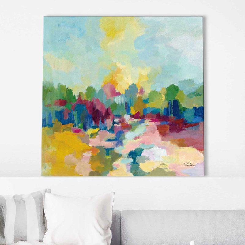 «Colorful Inlet» par Silvia Vassileva - Peinture, L 18 po x H 18 po, Toile tendue