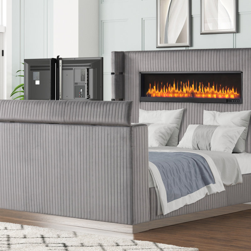 Lit très grand de style moderne somptueux avec foyer dans la tête de lit et meuble télé dans le pied de lit en bois, Gris