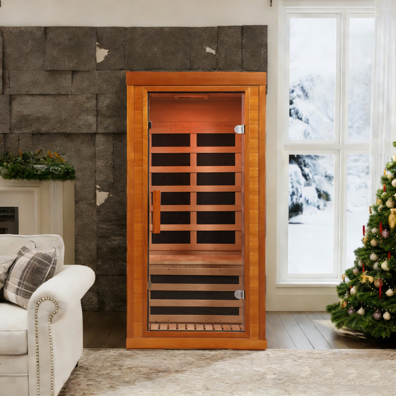 Cabine de sauna d'intérieur pour une personne avec éclairage DEL, connectivité Bluetooth et technologie infrarouge à spectre complet, fabriquée en bois d'okoumé de qualité supérieure.