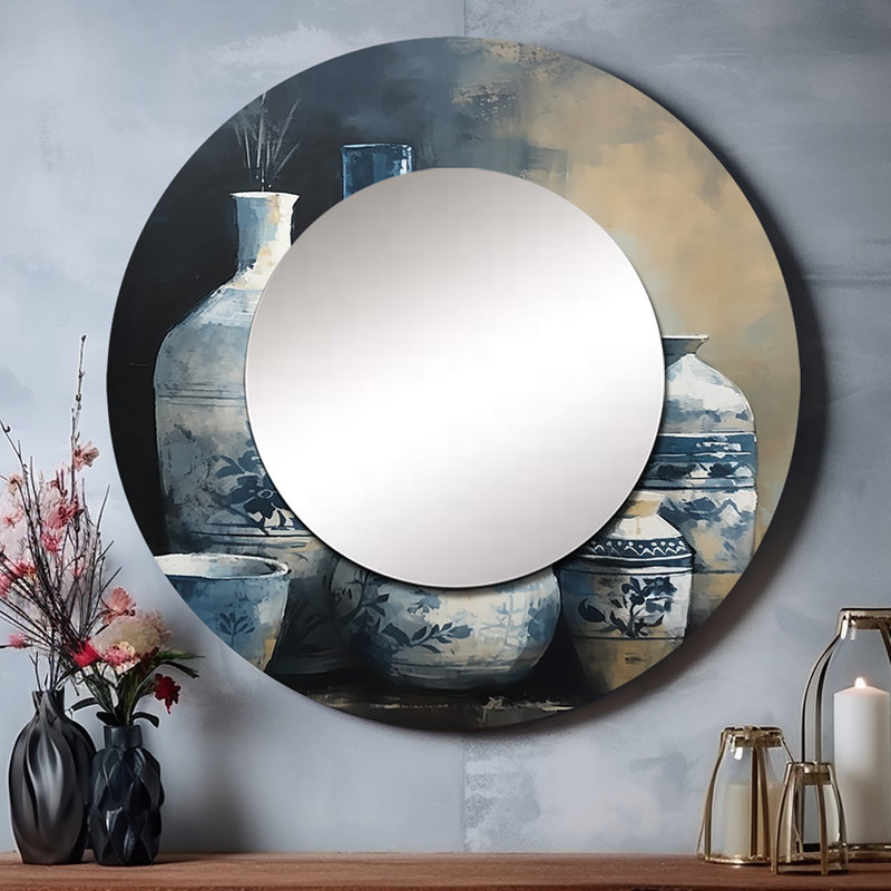 Pevzner bleu et crème Vibes Bohemian Pottery IV - grand miroir mural de poterie Boho, miroir décoratif rond traditionnel, impression d'art en métal