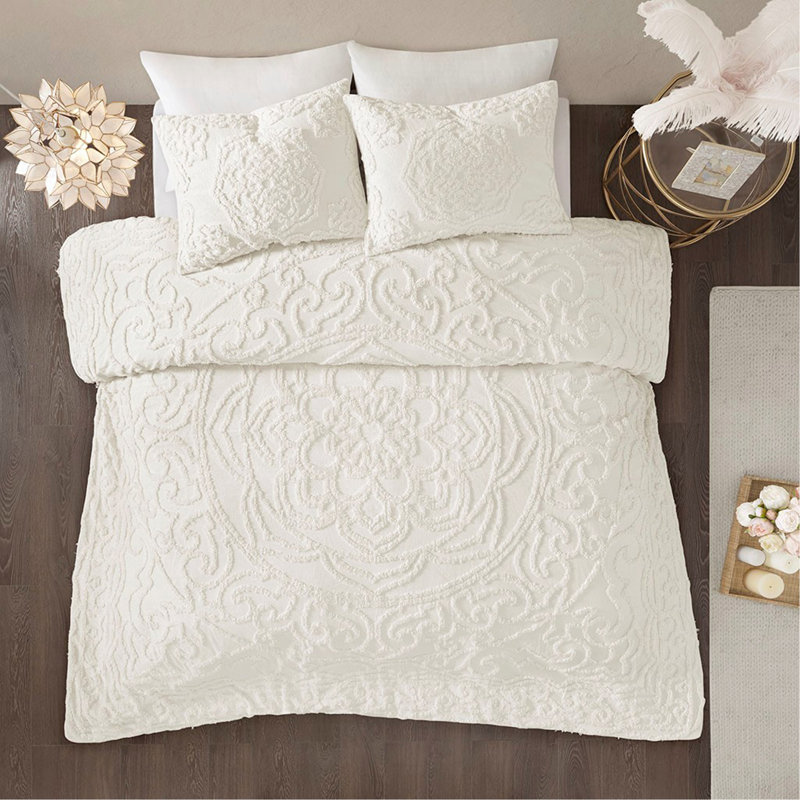 Ensemble d'édredon 3 pièces médaillon en chenille de coton touffeté, Blanc cassé, Édredon double et 2 taies décoratives