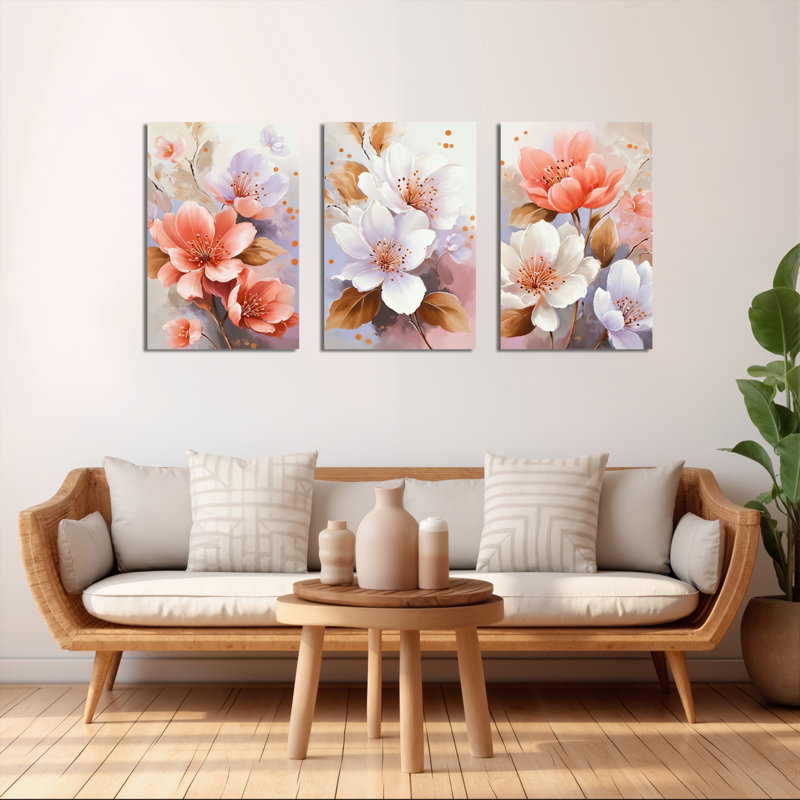 «Blush Floral», reproduction d'art sur toile tendue sur toile (ensemble de 3), H 24 po x l 48 po