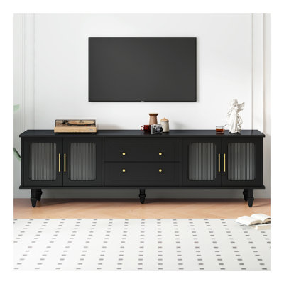 Meuble télé rétro avec portes en verre cannelé pour téléviseur de 78 po ou moins, console multimédia pratique avec 2 tiroirs et armoires, centre de divertissement élégant pour le salon, noir