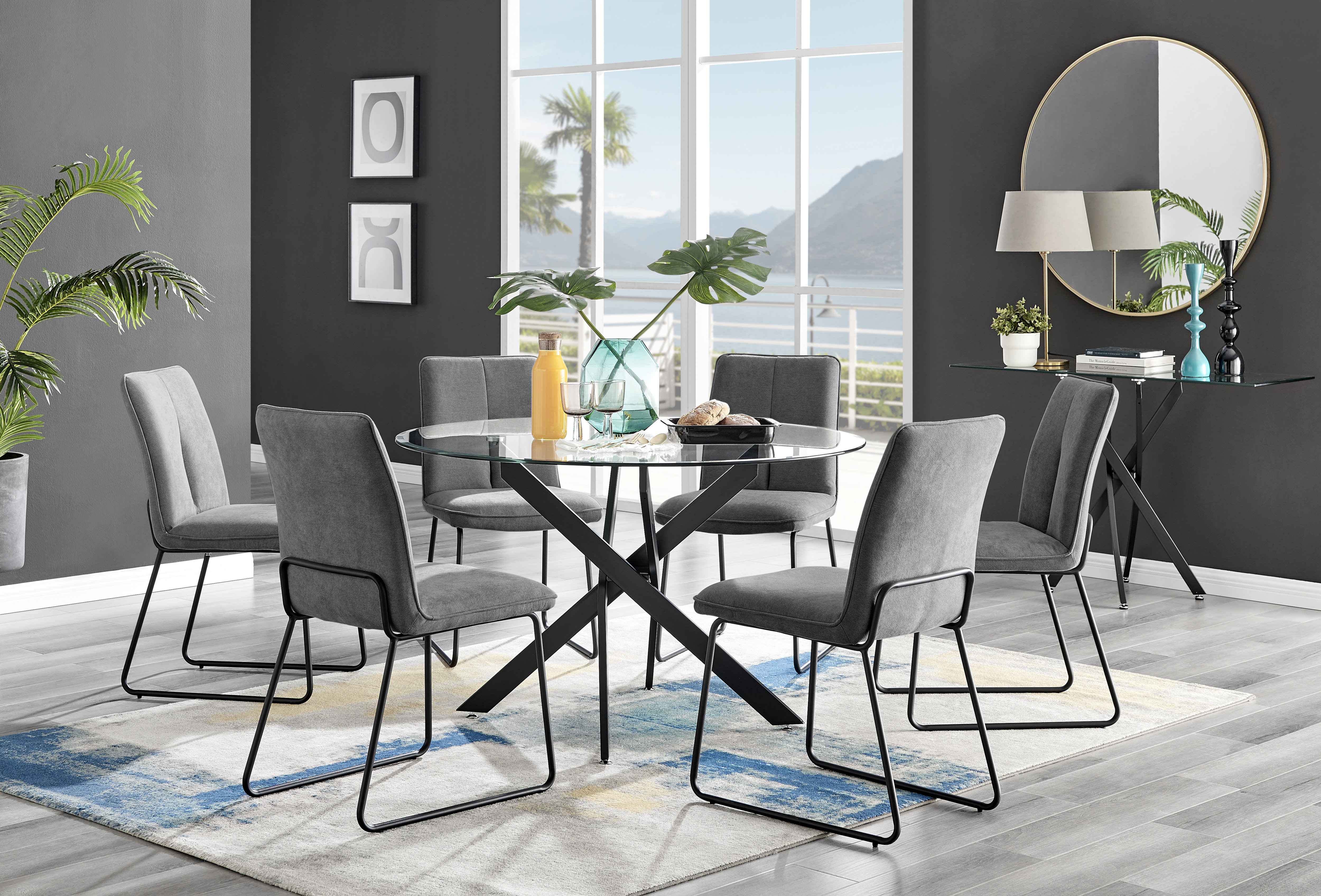 Tierra 6 Seat Small Round Dining Table Set Black Legs and Glass with 4 Modern Dining Chairs