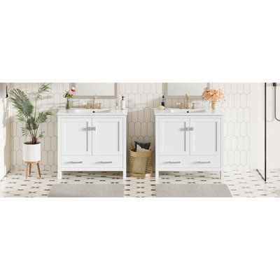 Meuble-lavabo de 72 pouces de couleur blanche avec tablettes à double couche, poignées en alliage de zinc et portes à fermeture en douceur pour une armoire moderne et silencieuse, éviers doubles en céramique, installation facile avec robinet