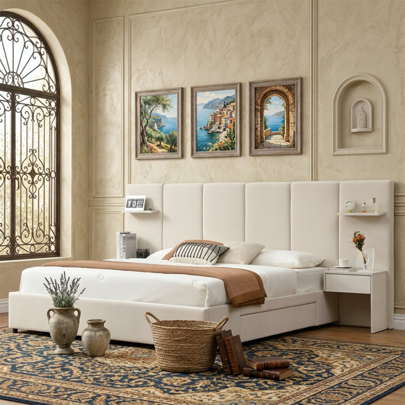 Lit plateforme haut tapissier avec tables de chevet, tiroirs et tablettes flottantes, très grand, velours beige, Beige