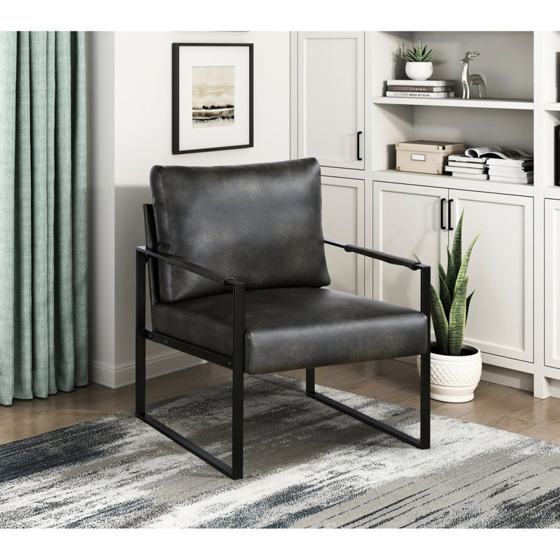 Élégante chaise en similicuir gris foncé avec structure en métal noir, salon de chambre à coucher au design polyvalent