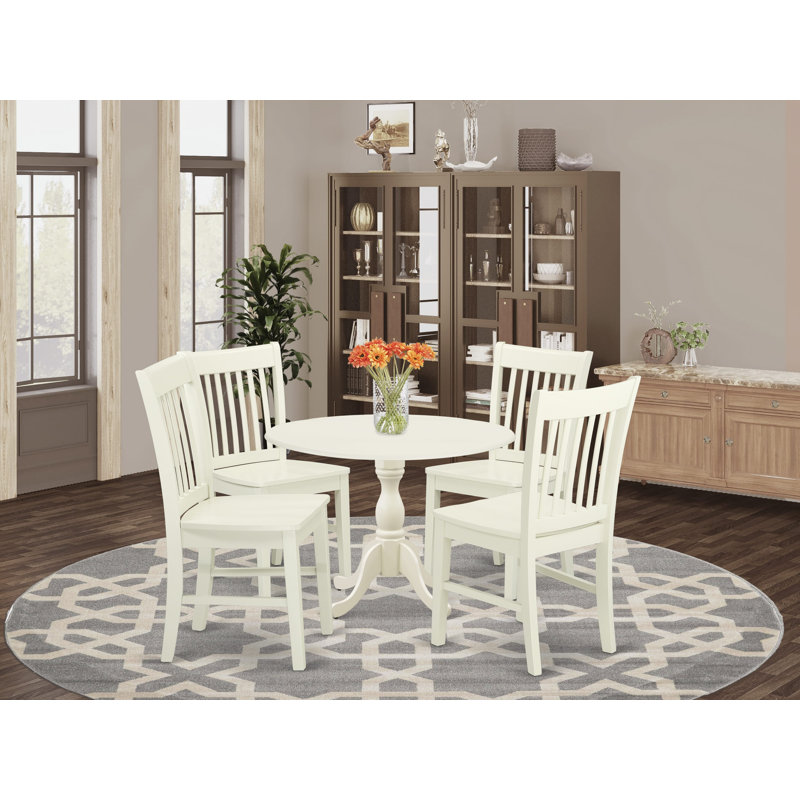 5 Piece Dining Table Set for 4 Includes a Round Kitchen Table with Dropleaf and 4 Dinette Chairs, 42x42 Inch, Linen White