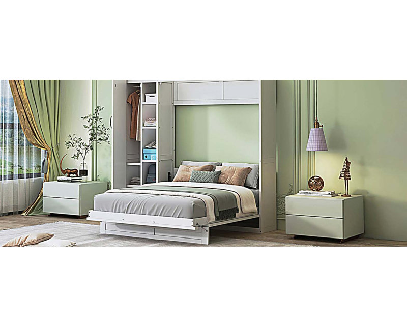 Lit escamotable double pleine grandeur avec tablettes, garde-robe et lumières DEL, blanc