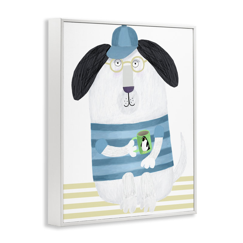 Chien avec une tasse de pingouin, giclée encadrée, design par Carla Daly, H 14 po x l 11 po