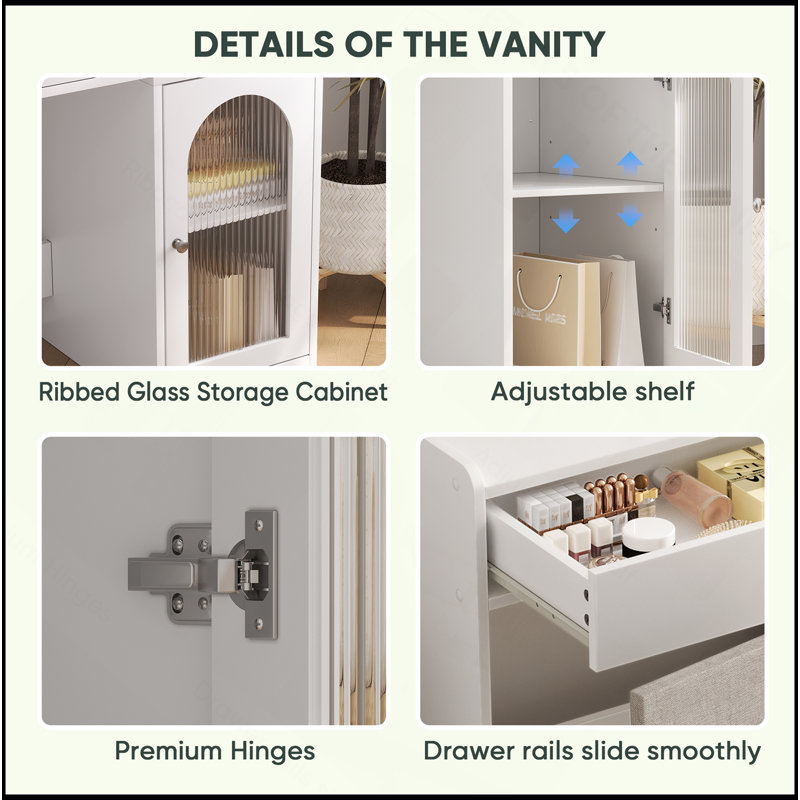 Bureau de coiffeuse blanc avec miroir pivotant à 360 ° et lumières réglables, coiffeuse de maquillage avec fauteuil de rangement et armoire d'appoint avec portes en verre Waveform, coiffeuse avec tiroir pour chambre à coucher