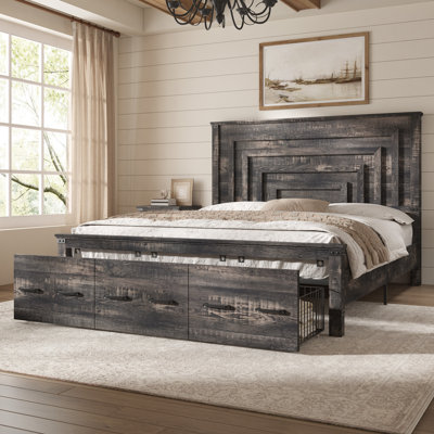  Farmhouse Wood Platform King Bed Frame with 54" Tall Geometric Headboard & Footboard, Dark Oak