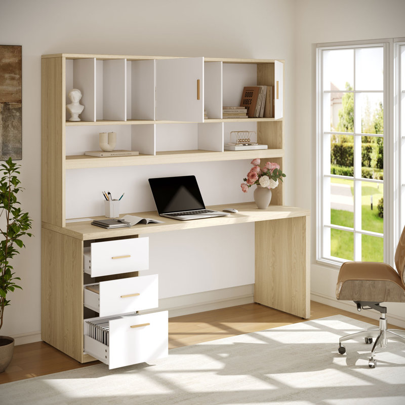 Adonia 71"W Computer Desk With Hutch, Outlet And 3 Drawers, Filing Cabinet & Cable Management For Modern Workspaces,Home Office