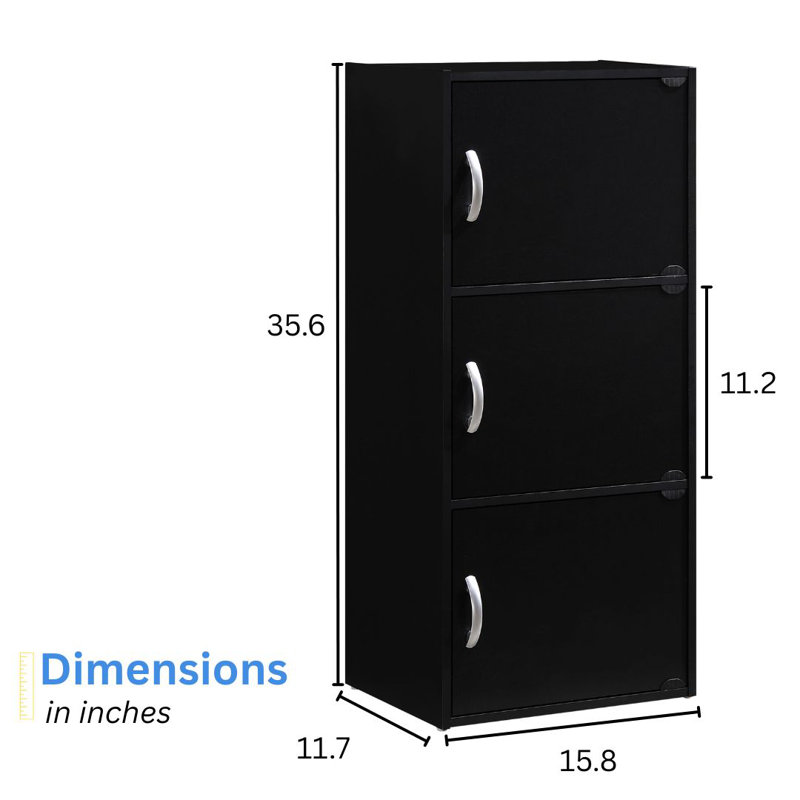 3-Doors, 3-Shelf Bookcase 35.6 in. Tall Enclosed Storage 3-Tier Bookshelf for Home or Office, Black