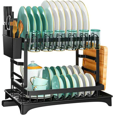2-Tier Stainless Steel Dish Drying Rack With Drainage Tray And Utensil Holders