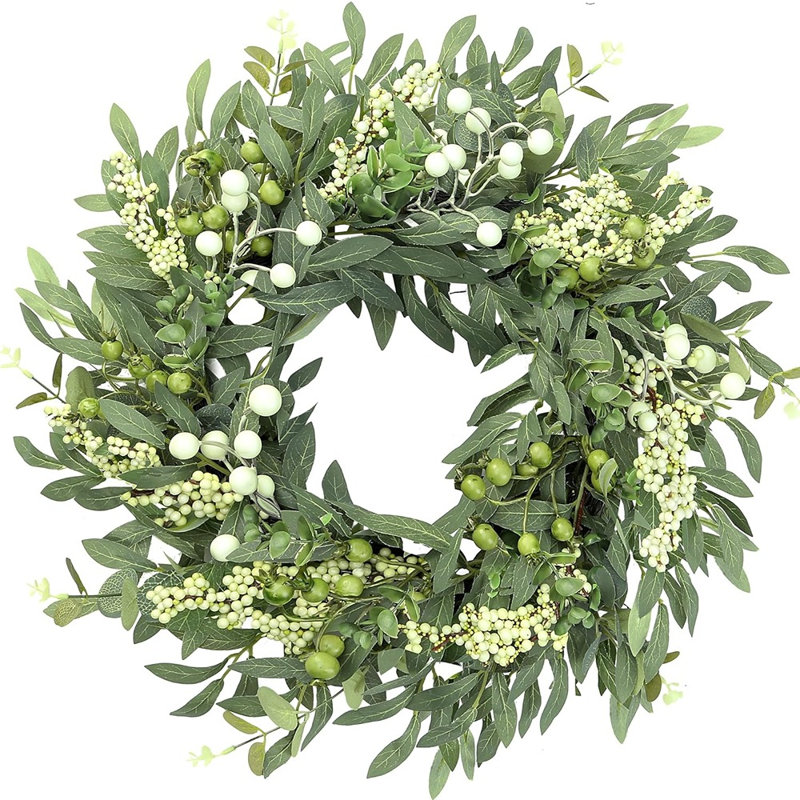 Couronne d'eucalyptus artificiel pour porte d'entrée avec feuilles de verdure et baies blanches - décor intérieur intérieur de ferme