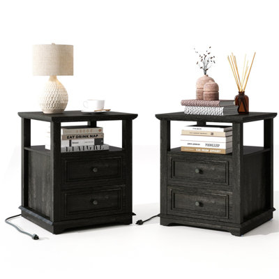 18"Farmhouse Wood Nightstand Set Of 2 With Charging Station, Drawers & Open Shelf - Modern Bedside End Table For Bedroom/Living Room