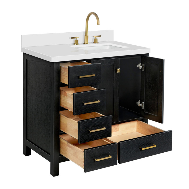 Ensemble de meuble-lavabo simple 37 po Grevera, Quartz blanc pur, Chêne noir, Rectangular