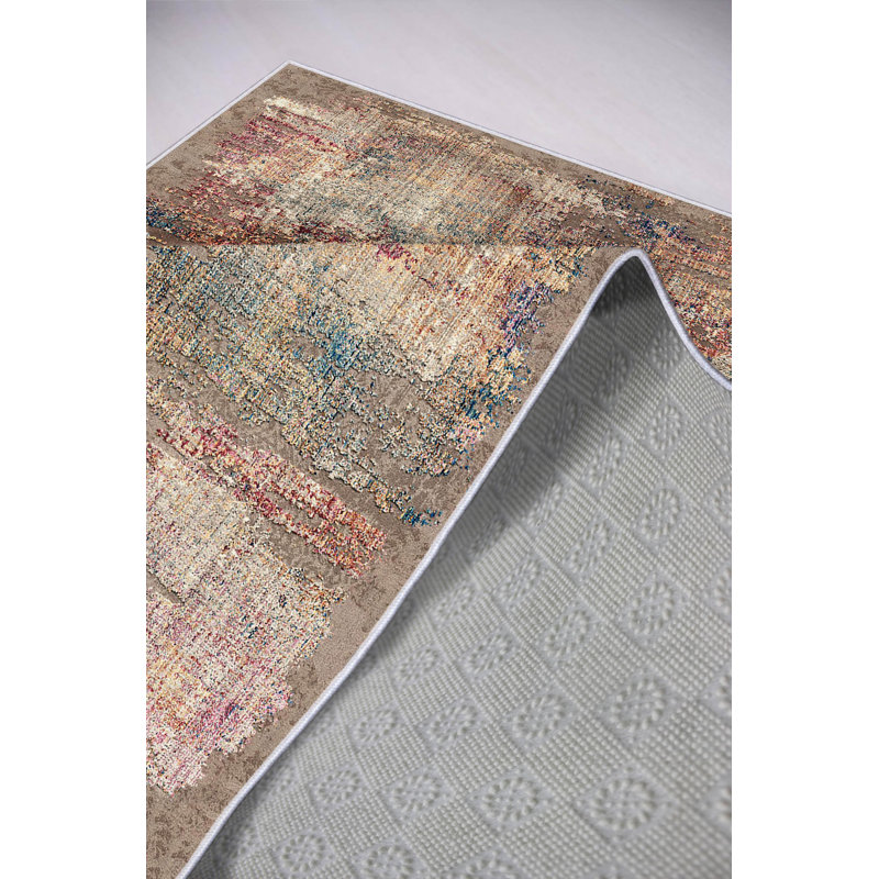 Antibacterial Area Rug (2 ft x 3.3 ft), Eco-Friendly 100% Polyester, 650 g/m², Pile Height: 0.2 in | Digital Printed, Non-Slip PVC Dot Underside | Machine Washable, Elegant Beige, Tile Red, Gold & Green Design