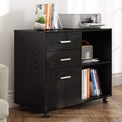 Corwynn 31.5" Wide 3-Drawer Mobile Wood File Cabinet with Shelves, Home Office Filing Cabinets, Full-Extension Filing Drawer & 360° Lockable Casters – Fits Letter/A4