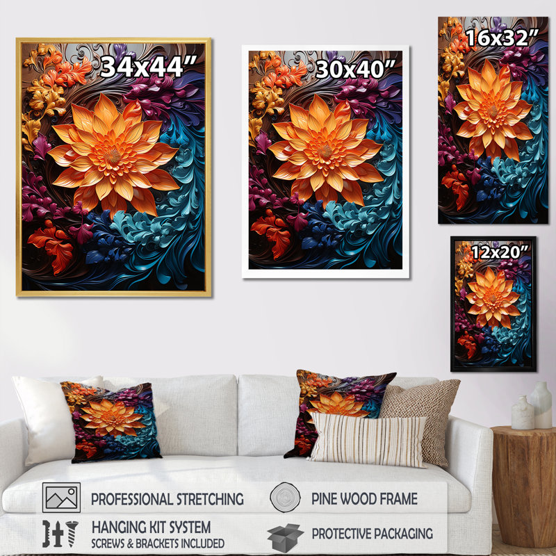 «Kaleidoscopic Curl Flower Spiral I», reproduction sur toile, H 32 po x l 16 po x P 1 po, Encadrement doré