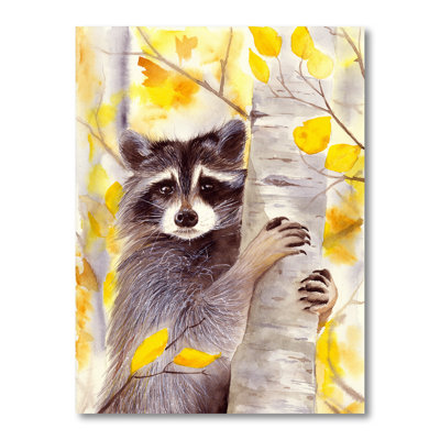 «A Cute Racoon on a Birch Tree with Autumn Yellow I», peinture sur toile