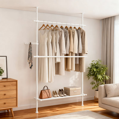 Portant du sol au plafond, support à vêtements à 3 niveaux, support à vêtements réglable en hauteur et en largeur, organisateur de garde-robe avec 2 tringles et 1 tablette, tringle à vêtements, blanc mat
