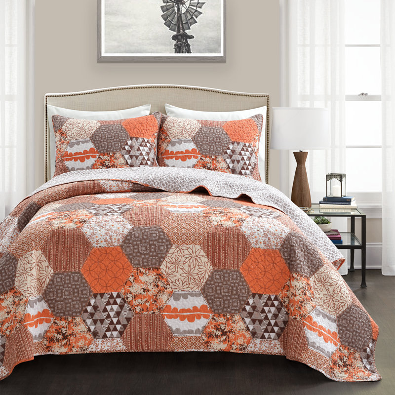 Briley Cotton Reversible 3 Piece Quilt Set, King Quilt + 2 King Shams, Tangerine