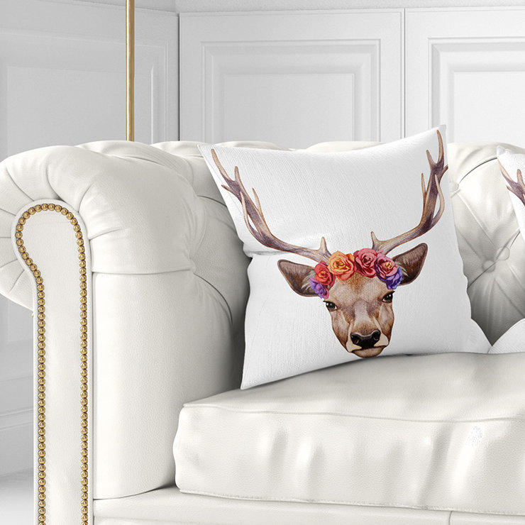Portrait de cerf avec tête florale - coussin décoratif imprimé animal, Square 16" x 16"