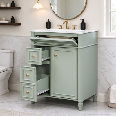 Ensemble de meuble-lavabo simple moderne autoportant de 24 pouces avec lavabo en céramique, 2 tiroirs et armoire réglable, charnières à fermeture douce pour petites salles de bain
