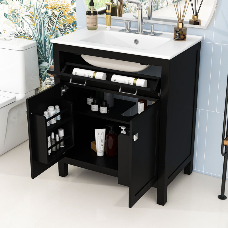 Meuble-lavabo simple autoportant en bois avec lavabo en céramique et rangement polyvalent Mathena, Noir