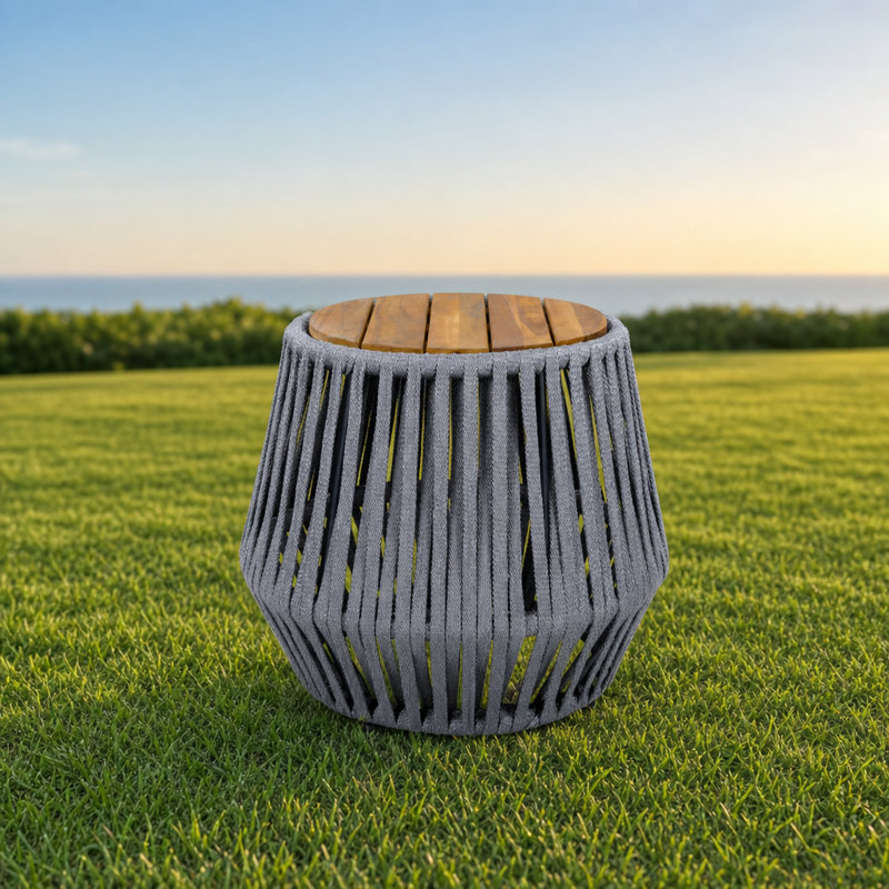 Table d'appoint d'extérieur résistante aux intempéries avec fabrication en bois naturel durable et corde tissée, capacité de poids de 100 lb, base large anti-basculement stable