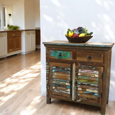 Buffet en bois récupéré avec portes à persiennes et deux tiroirs 
