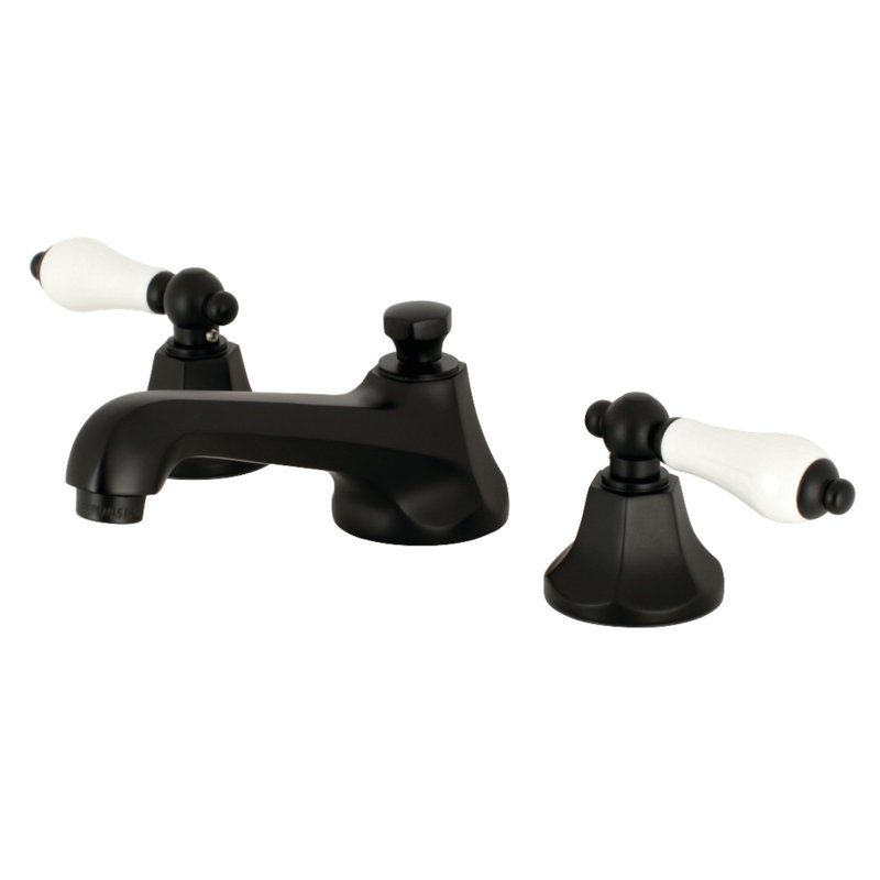 Kingston Brass Metropolitan Two-Handle 3-Hole Deck Mount Widespread Bathroom Faucet with Brass Pop-Up Drain, Matte Black