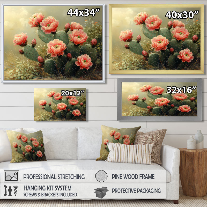 Koti cactus en pleine floraison à l'aube II - art mural cactus, Noir, noir, noir, noir, H 12 po x l 20 po, Cadre flottant