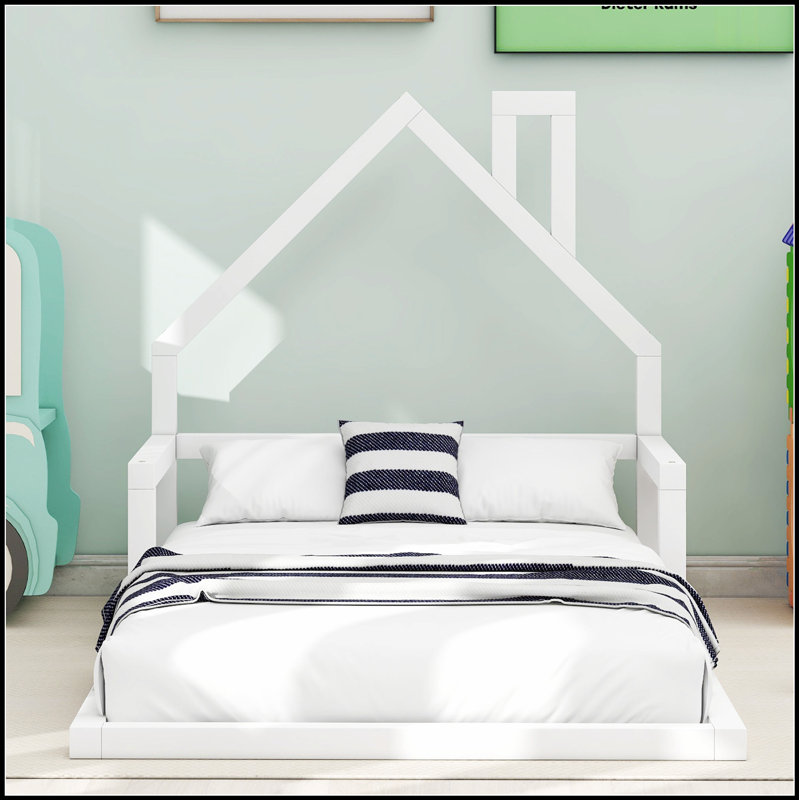 Lit en bois avec tête de lit en forme de maison, fabrication en bois massif durable, design moderne et minimaliste pour un sommeil douillet