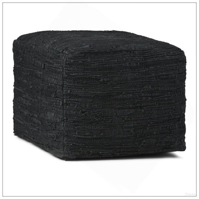 Fredrik 18 inch Wide Square Pouf in Black Woven Genuine Leather