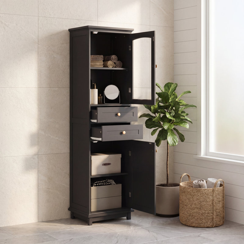 Armoire de rangement de 63 po de hauteur avec portes en verre, armoire blanche autoportante avec 2 tiroirs et tablettes réglables