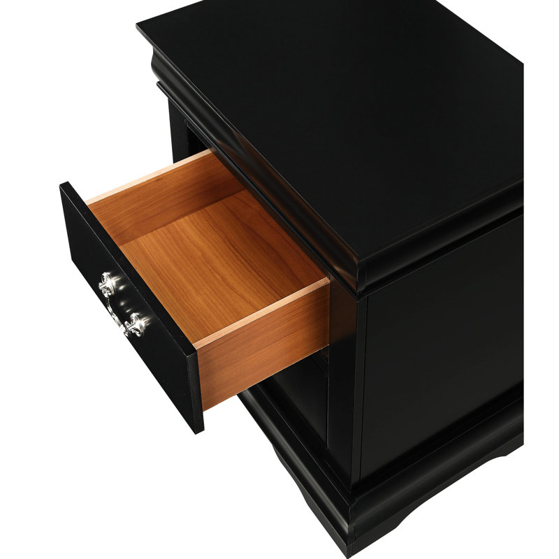 Table de chevet à deux tiroirs en bois massif - Noir, style avec lignes élégantes en noir pour la décoration de la chambre à coucher