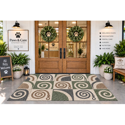 Tapis d'extérieur 152 x 213 cm, motif géométrique à carrés et laisses enroulées pour animaux, tapis bouclé en PVC imperméable, séchage rapide et résistant, idéal pour porche, terrasse, balcon ou clinique vétérinaire.