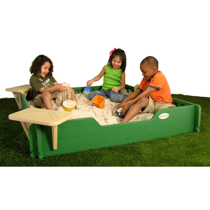 5x5 Green Plastic Sandbox with Cover and Corner Seats