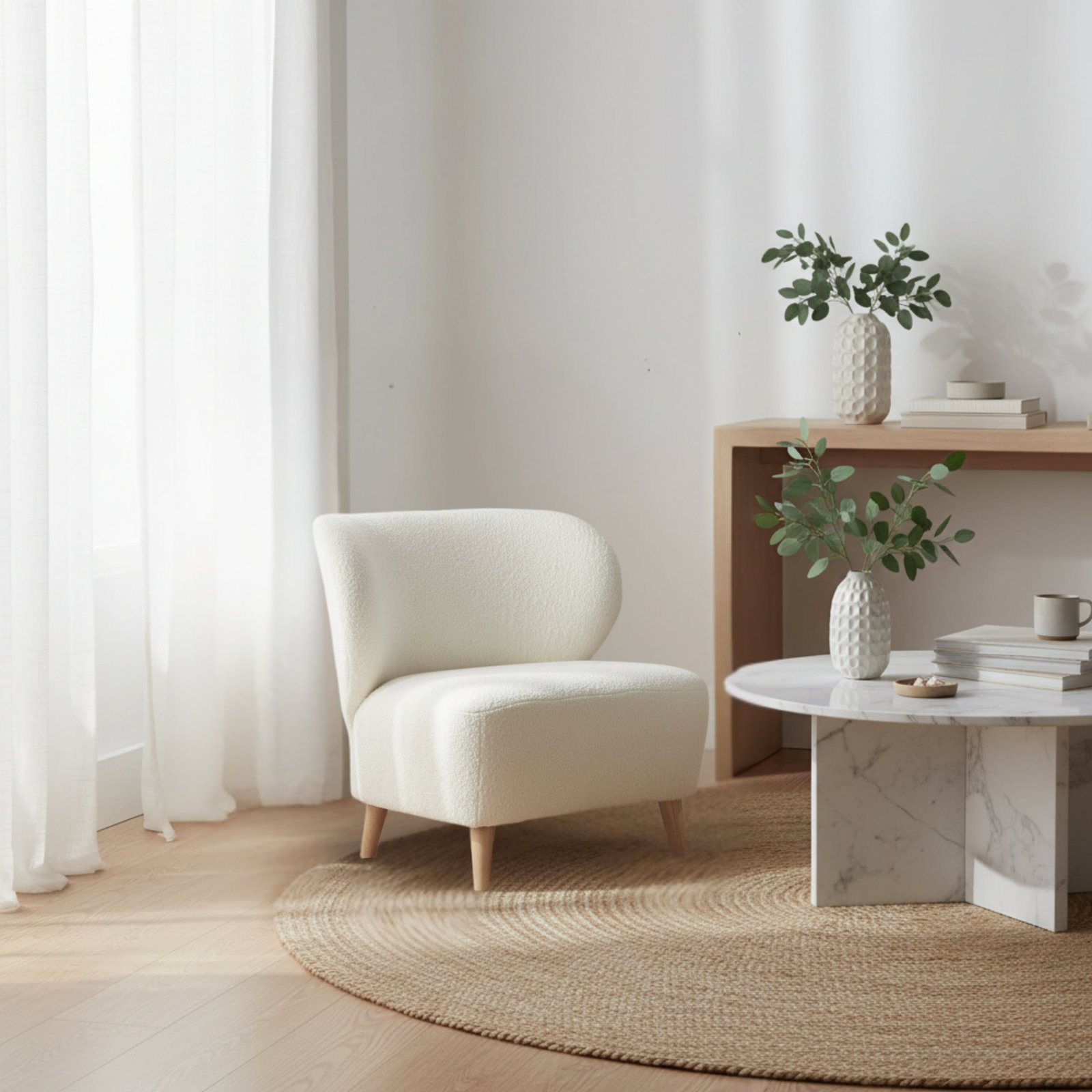 Apollonia Linen Accent Chair, Ivory Wool Boucle