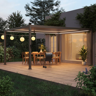 Pergola à persiennes imperméable à DEL avec toit réglable, pergola de terrasse extérieure en métal résistante à la rouille toutes saisons, structure d'ombrage robuste pour terrasse de jardin